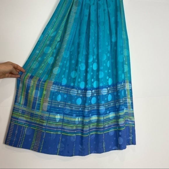 Umi Collections 100% Silk Blue Geometric Pleated Midi Maxi Skirt Retro Colorful - Picture 13 of 13